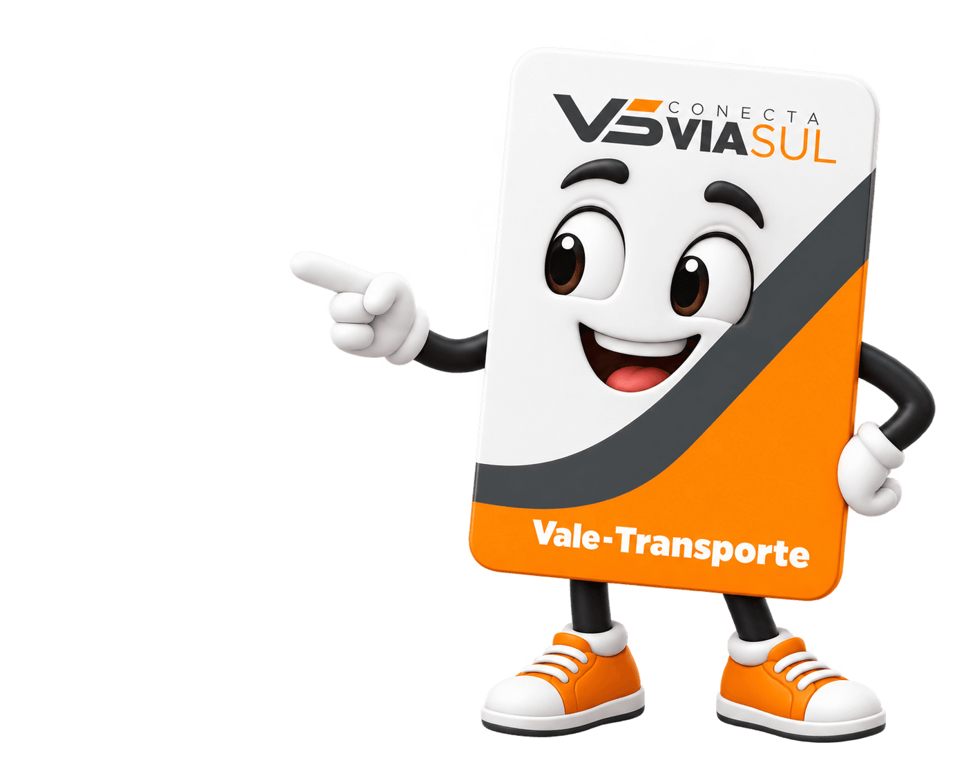 Mascote do cartão Vale-Transporte da Conecta Via Sul apontando