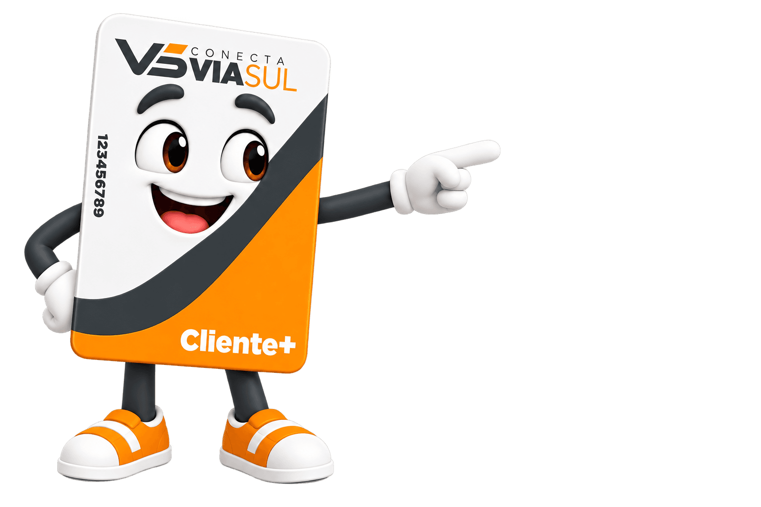 Mascote Cliente+ apontando para o cartão comum recarregável