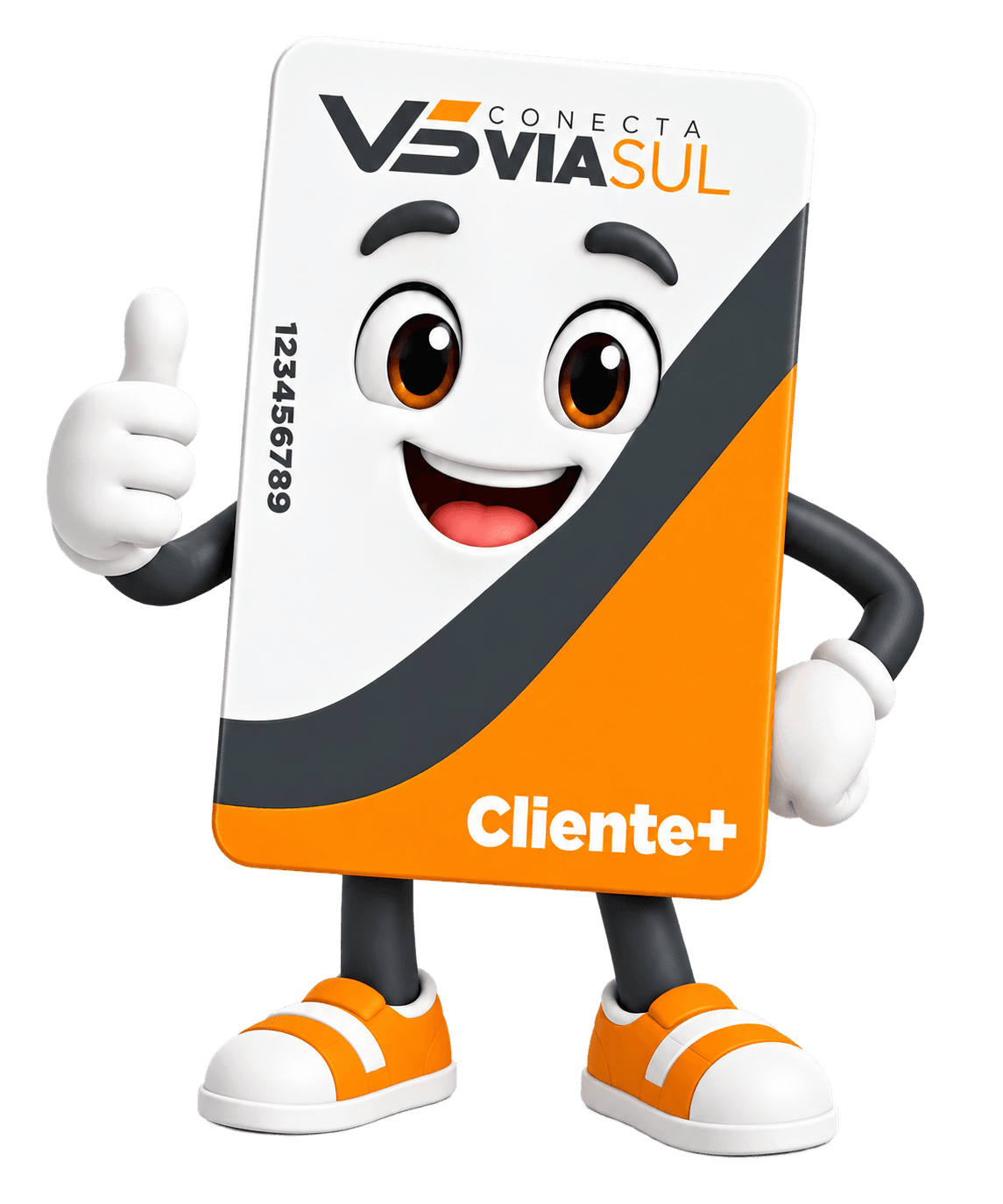 Mascote Cliente+ da Conecta Via Sul dando sinal de positivo